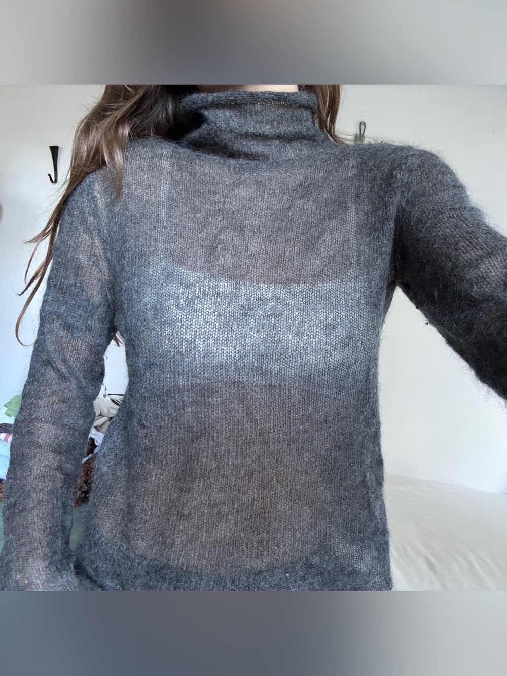 Vintage DKNY Mohair Wool Blend Sheer Loose Knit Turtleneck Sweater S Gray